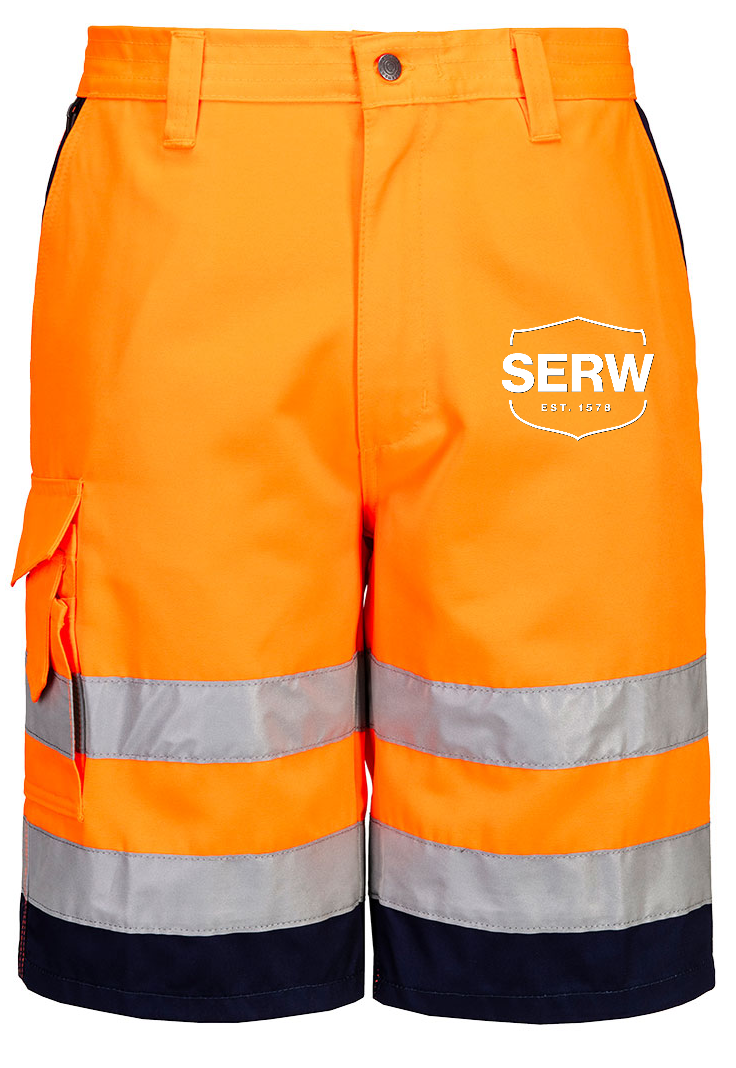 E043 - HiVis kraťasy pánské - oranžová/modrá - potisk SERW retroreflex
