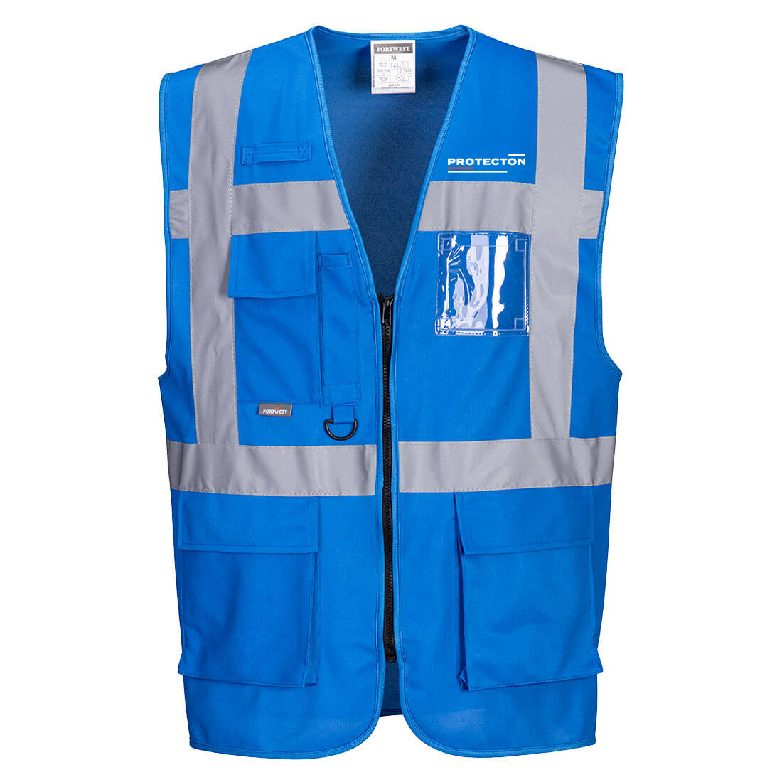 F476 Iona Executive vesta unisex - středně modrá - potisk Protecton - bílá