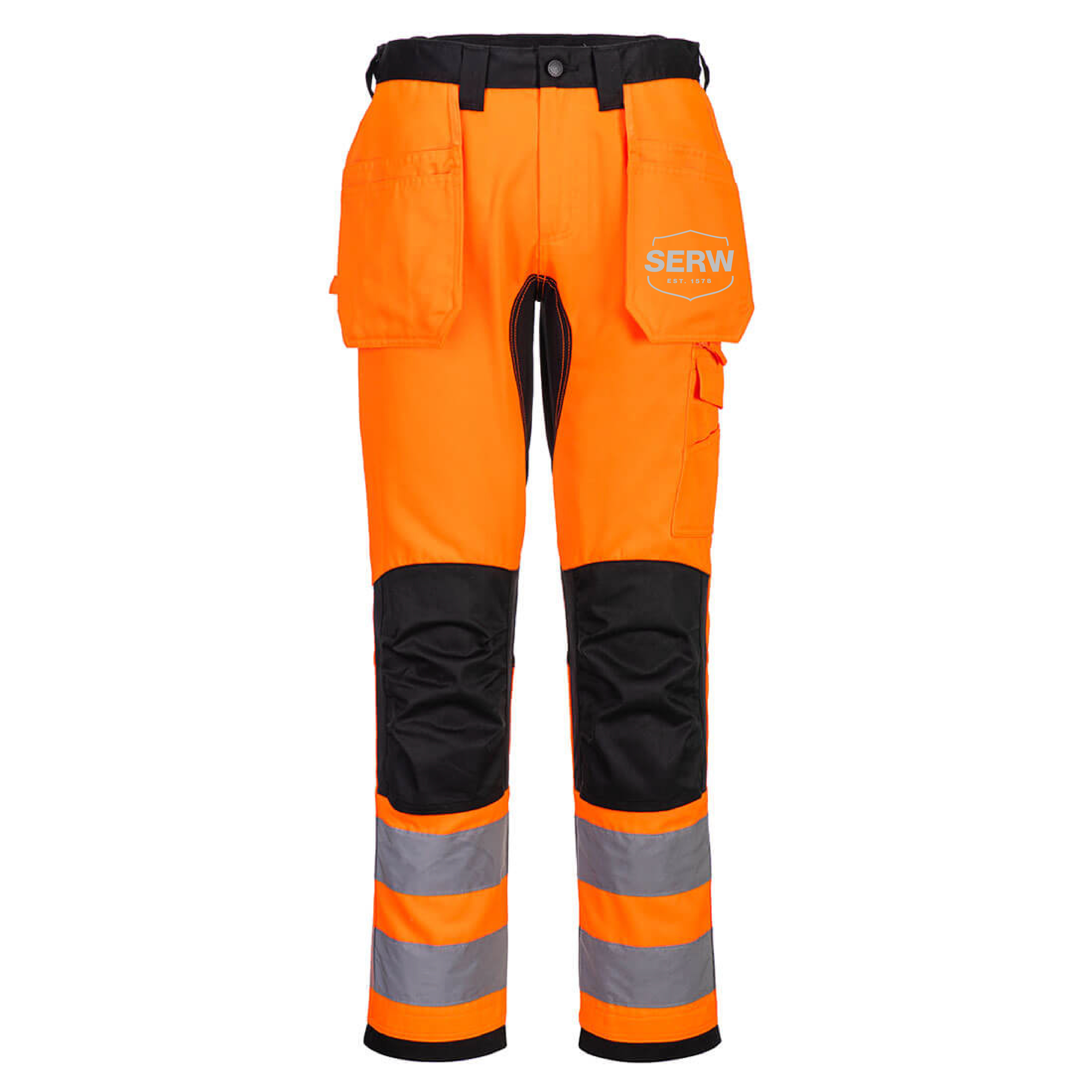 CD889 - WX2 Eco Hi-Vis kalhoty unisex - oranžová/černá - potisk SERW retroreflex