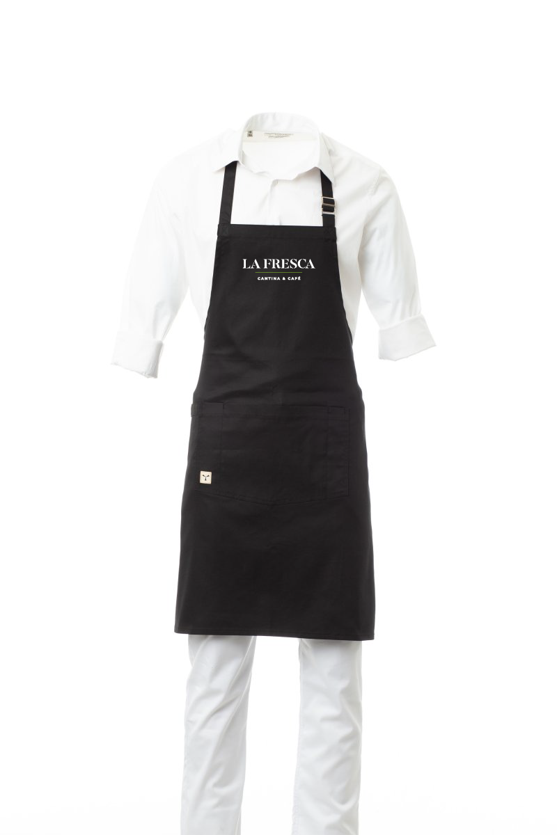 MAISON zástěra regulovatelná s laclem unisex - černá - výšivka La Fresca