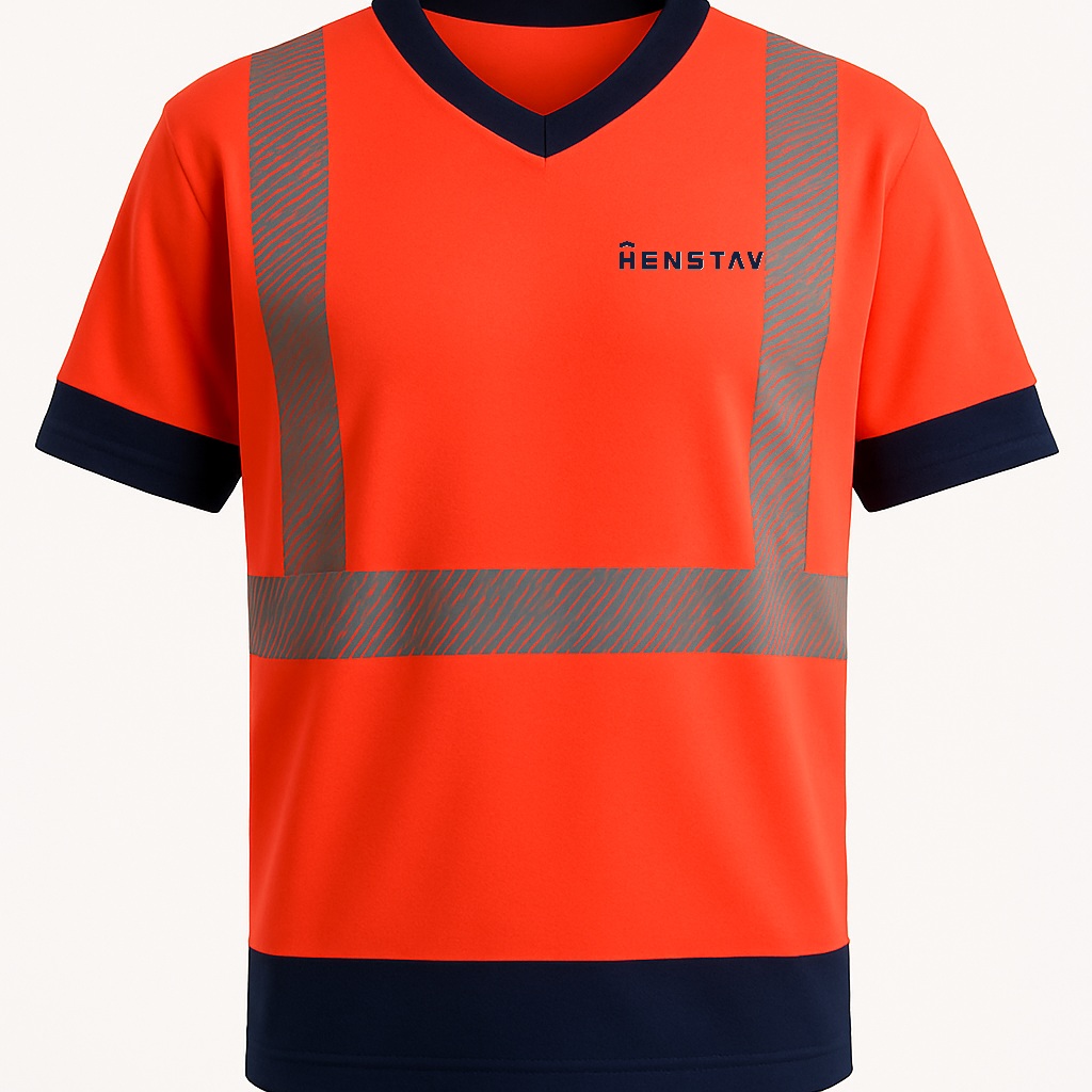 KOMO tričko unisex kr.ruk. Hi-Vis - červená/námořní modrá - potisk Henstav